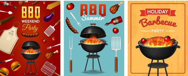 Grill-Elemente isoliert auf rotem Hintergrund. Grillparty-Plakat. Sommerzeit. Fleischrestaurant zu Hause. Holzkohlekocher mit Werkzeug, Soße und Lebensmitteln. Küchenausstattung für die Speisekarte. Kochen im Freien - Vektor, Bild