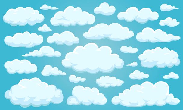 Zestaw chmur o różnych kształtach, w niebo dla swojej witryny sieci web app. design, Ui, meteorologia i atmosfera w przestrzeni. - Wektor, obraz