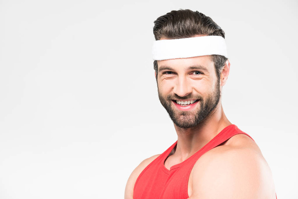 portrait of cheerful sportsman in retro sportswear, isolated on white - Photo, Image