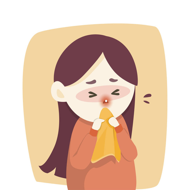 Sick girl has runny nose, caught cold. sneezing into Tissue, flu, Allergy season, Vector illustration - Vector, Image