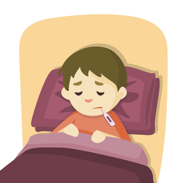 Nemocné dítě chlapec leží v posteli s teploměrem v ústech a cítit tak špatně s horečkou, kreslené vektorové ilustrace - Vektor, obrázek