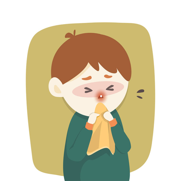 У больного мальчика насморк, он простудился. чихание в ткань, грипп, сезон аллергии, векторная иллюстрация
 - Вектор,изображение