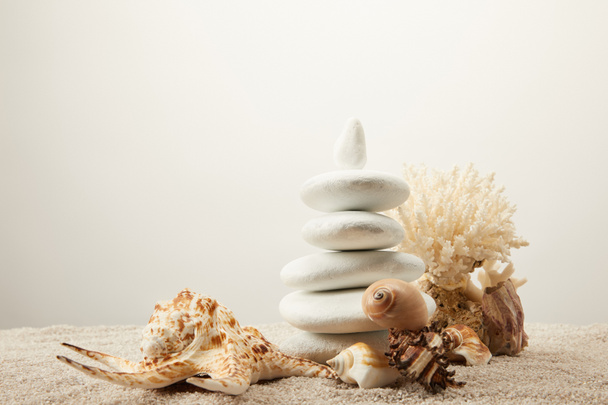 Nahaufnahme von arrangierten weißen Meeressteinen und Muscheln auf Sand auf grauem Hintergrund - Foto, Bild
