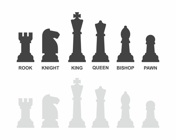 Шахові фігури з іменами. Чорно-білі шахи значки над білим тлом - Вектор, зображення