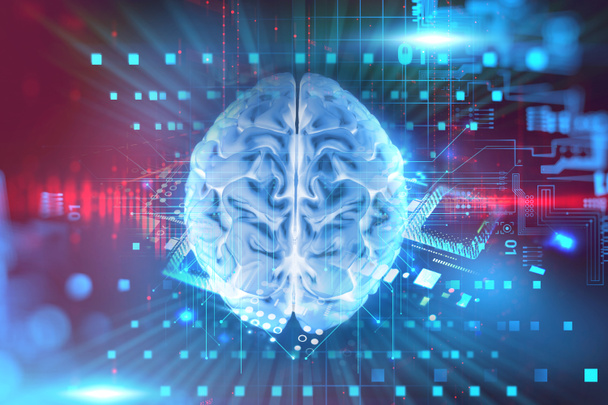 3D renderização do cérebro humano no fundo de tecnologia
  - Foto, Imagem