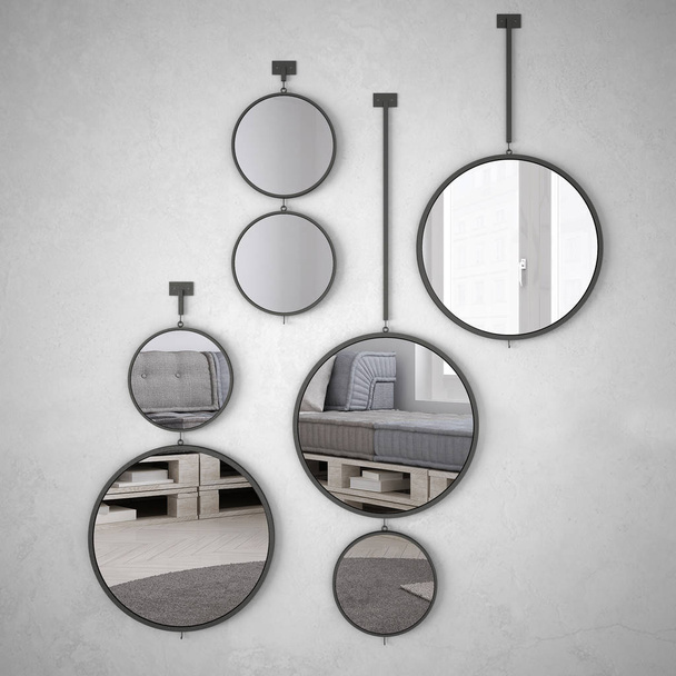Round mirrors hanging on the wall reflecting interior design scene, minimalist white living, modern architecture - Photo, Image