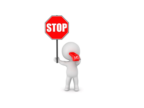 3D Character holding stop sign and blowing whistle - Φωτογραφία, εικόνα
