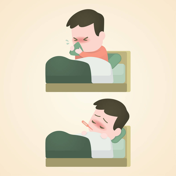 Больной мальчик лежит в постели с термометром во рту и чихает от лихорадки, векторная иллюстрация
 - Вектор,изображение