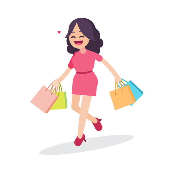 Happy beautiful woman walking with shopping bags, character, vector illustration. - Vector, Image