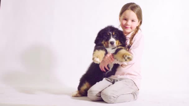 少女とベルナー ・ シェパード ・ ドッグの子犬 - 映像、動画