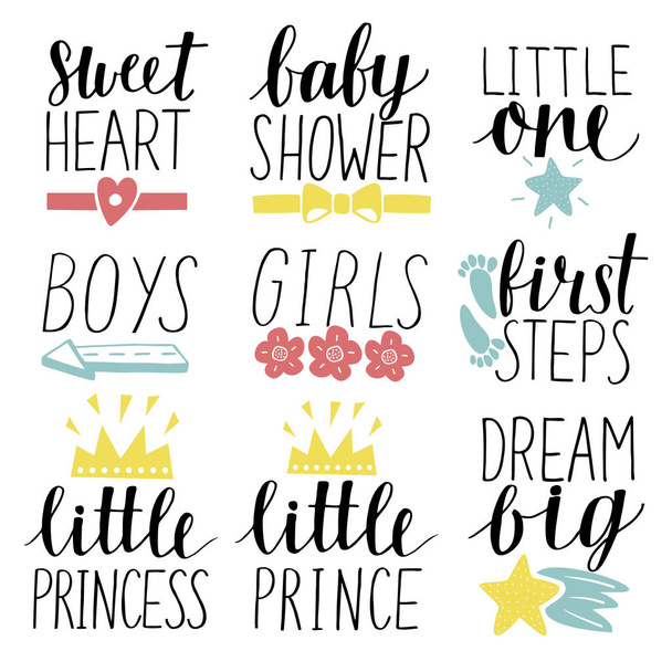 Набор из 9 детских логотипов с почерком "Маленький принц", "Маленькая принцесса", "Мальчики, девочки", "Свиное сердце", "Детский душ". Первые шаги. Мечта большая маленькая
. - Вектор,изображение