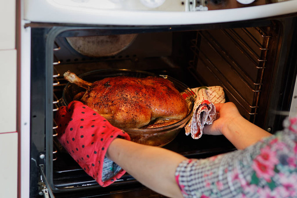 Woman taking out crispy roasted duck in a roasting pan in an oven  - Photo, Image