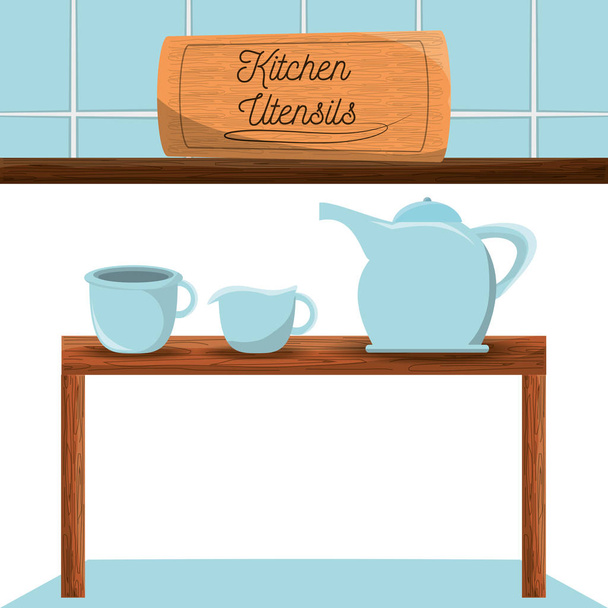 platte keuken keukengerei glas en glazen potten - Vector, afbeelding