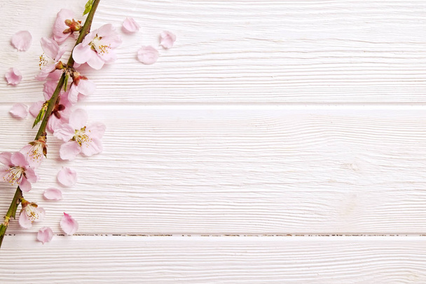 Beautiful spring composition with flowering blossoms on wooden background with copy space for text. Mother's day greeting concept. - Foto, afbeelding