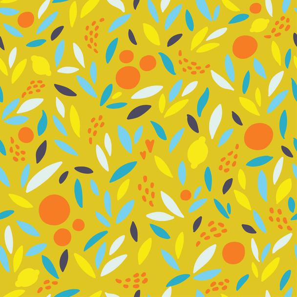 Lovely colorful vector seamless pattern with cute oranges, lemons and leaves in bright colors. - Vektör, Görsel