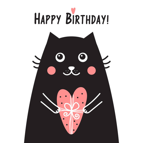 Happy Birthday card with black cat and gift of pink heart.  - Vector, Image