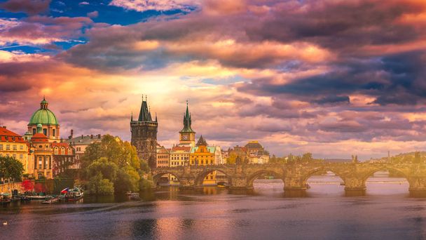 Famous Charles bridge in the sunset light, beautiful scenary and - Photo, Image