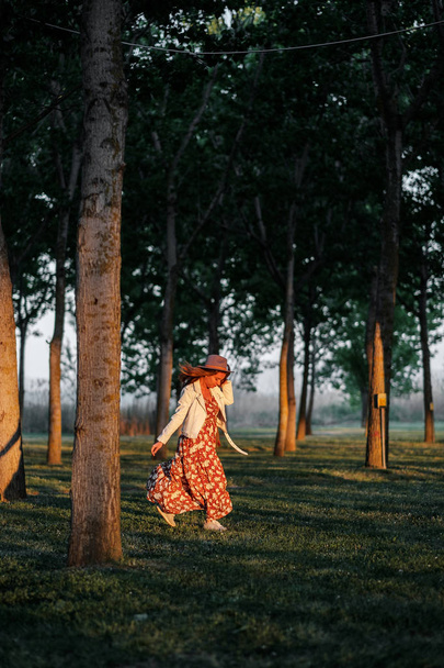 Beautiful girl in a long dress walking in the woods - Foto, Imagen