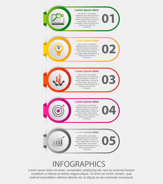 moderne Vektorillustration. Infografik-Vorlage mit fünf Elementen, Kreisen und Text. Schritt für Schritt. entwickelt für Business, Präsentationen, Webdesign, Diagramme mit 5 Schritten - Vektor, Bild