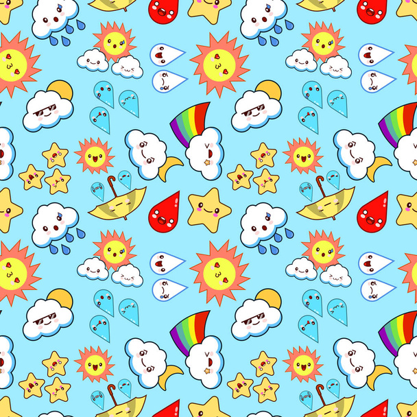 Kawaii weather icons. Colored vector seamless pattern on blue background Flat design Vector Illustration - Wektor, obraz
