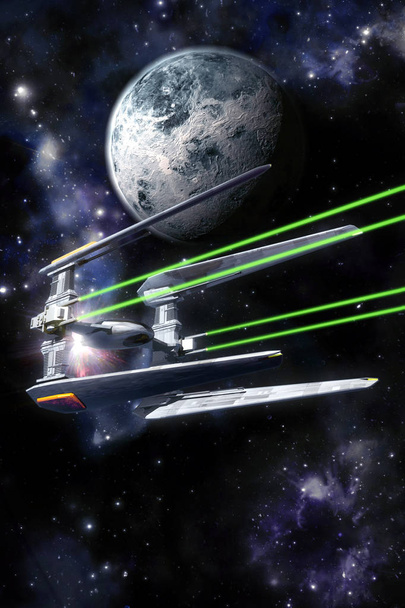 űrhajó harcos nyílt tűz és a bolygó 3d render sci-fi illusztráció - Fotó, kép