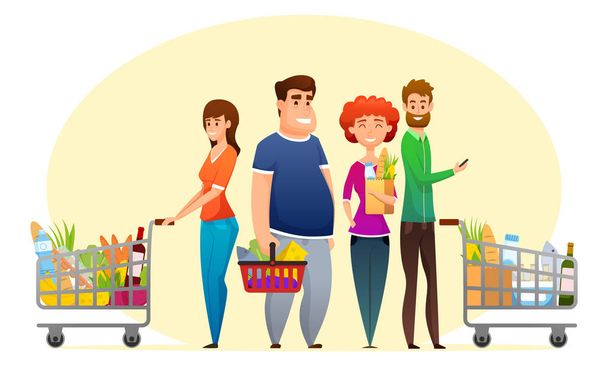 Supermarket shopping characters set. - Vector, Image