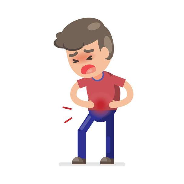 Cute boy having stomach ache and suffering from stomach pain, Vector character illustration. - Vector, Image