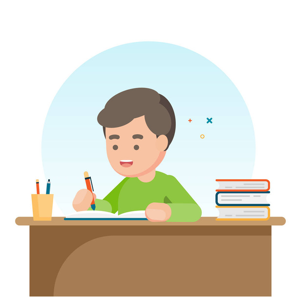 Ευτυχισμένος χαριτωμένο σχολείο αγόρι γράφει για την εργασία, μελέτη έννοιας, εικονογράφηση διάνυσμα. - Διάνυσμα, εικόνα