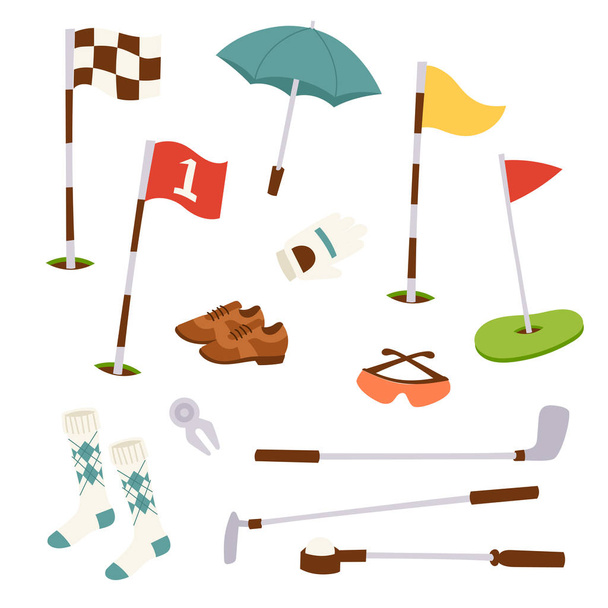 Oyun öğeleri vektör çizim Golf simgeler hobi ekipman sepeti oyuncu Golf Spor sembolü bayrak delik. - Vektör, Görsel