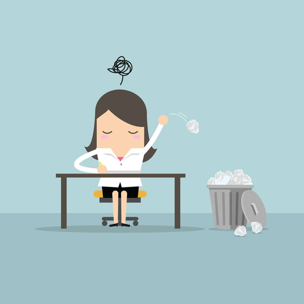Businesswoman have no idea and throwing crumpled paper to trash. vector - Vector, Image