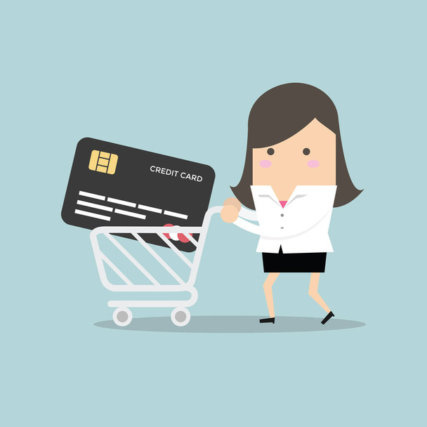 Bizneswoman z karty kredytowej w koszyk na zakupy - Wektor, obraz