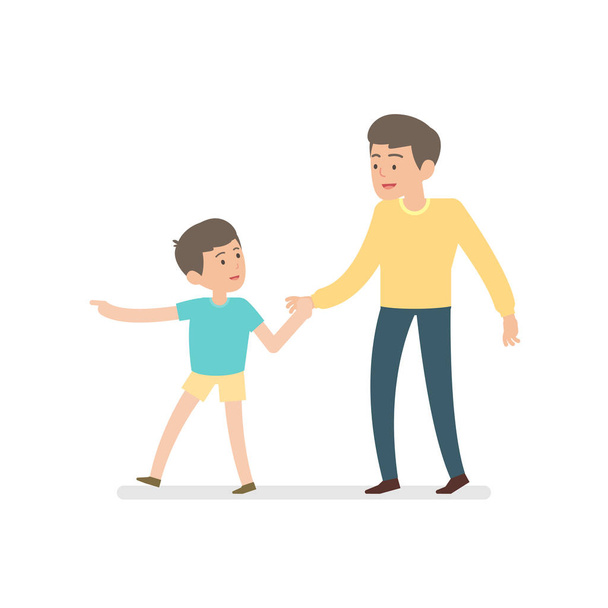 ευτυχισμένος πατέρας και γιος, κρατώντας τα χέρια, ενώ το περπάτημα μαζί, vecto - Διάνυσμα, εικόνα