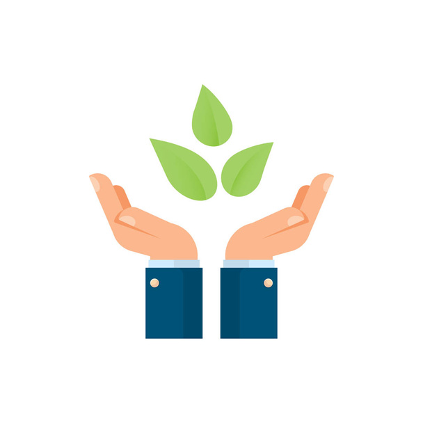 Biznesmen ręce, trzymając symbol środowisko, koncepcja rolnictwa i natura, rośliny, ilustracji wektorowych. - Wektor, obraz