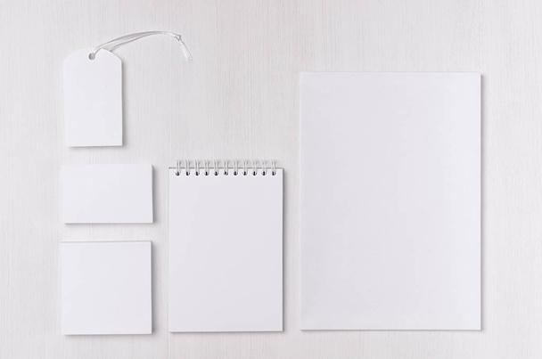 Branding business mock up of white blank stationery set on light soft white wooden background. Template for branding, business presentations and portfolios. - 写真・画像