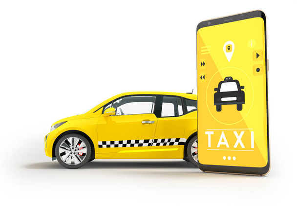 Modern fogalmának taxit hív egy elektromos autó-val egy smartphone, keresztül egy mobil alkalmazás, egy sárga 3d Render a fehér háttér, árnyék - Fotó, kép
