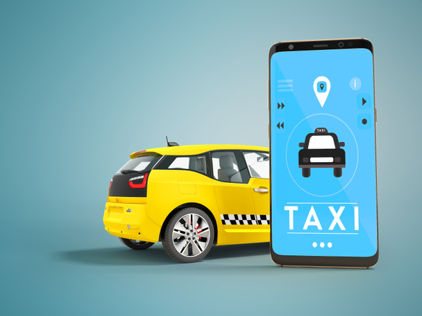 Concept moderne de taxi appelant une voiture électrique avec un smartphone via mobile 3d rendu sur fond bleu avec une ombre
 - Photo, image