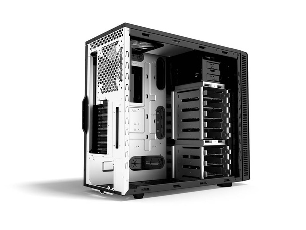 Системний блок персонального комп'ютера чорний метал порожній 3d рендерингу на білому тлі з тіні
 - Фото, зображення