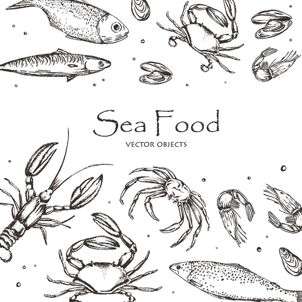 Ilustración vectorial. Alimentos de mar: pescado de mar, cangrejo, camarones y mejillones. Objetos vectoriales de estilo tiza. Los objetos están bajo la máscara de recorte
. - Vector, imagen