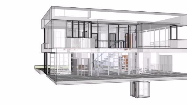 Bouw van een residentieel gebouw met een grondgebied en een zwembad. 3D-afbeeldingen in lijnen met transparante muren - Video