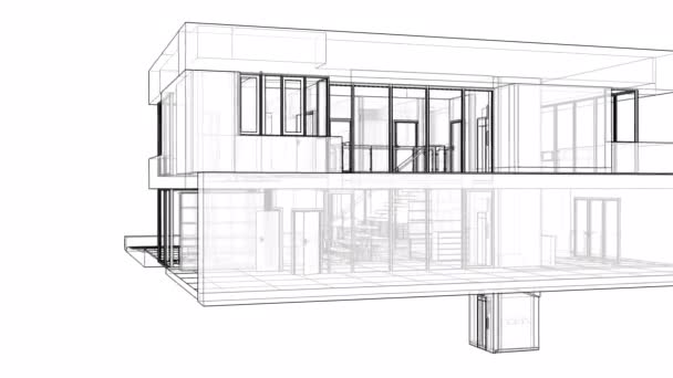 Construção de um edifício residencial com um território e uma piscina. gráficos 3d em linhas com paredes transparentes
 - Filmagem, Vídeo