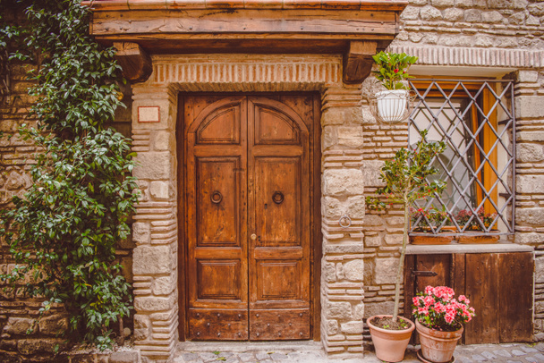 stary budynek z drewnianymi drzwiami i roślin doniczkowych na ulicy w Castel Gandolfo, przedmieście Rome, Włochy  - Zdjęcie, obraz