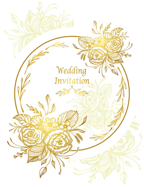 Elegante tarjeta de invitación de boda o plantilla con flores dibujadas a mano ramo de oro en blanco
 - Vector, imagen