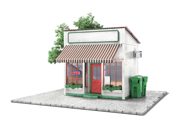 Business concept. Store with empty signboard isolated on a white. 3d illustration - Zdjęcie, obraz