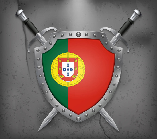 Vlag van Portugal. Het schild met nationale vlag. Twee gekruiste Swo - Vector, afbeelding