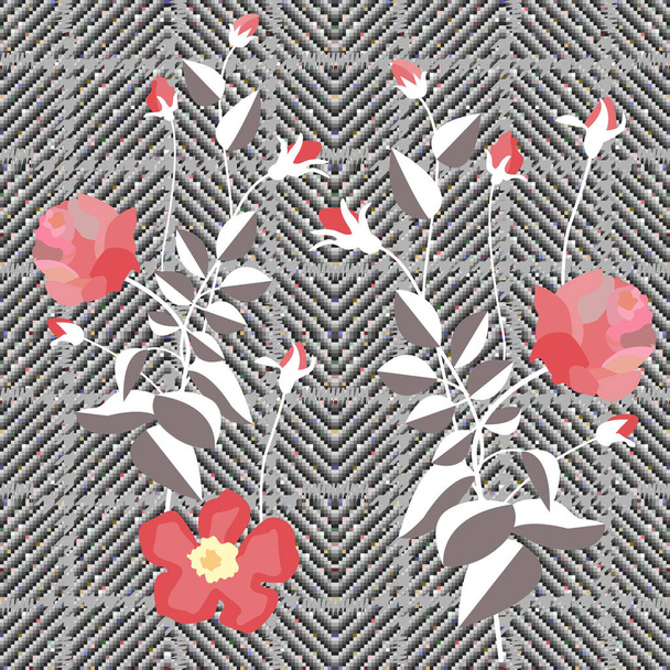 Elegant checkered print with red embroidered roses. - Vetor, Imagem