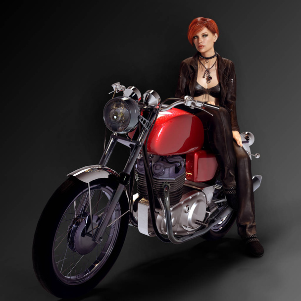 Bella donna motociclista in pelle con capelli corti rossi
 - Foto, immagini