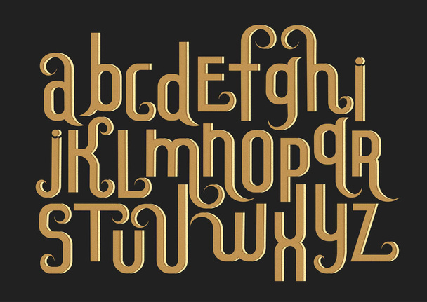 Vector alphabet set. Lowercase 3d letters with decorative flourishes and fine texture in the Art Nouveau style. Beige letters on black background. - Vektor, Bild