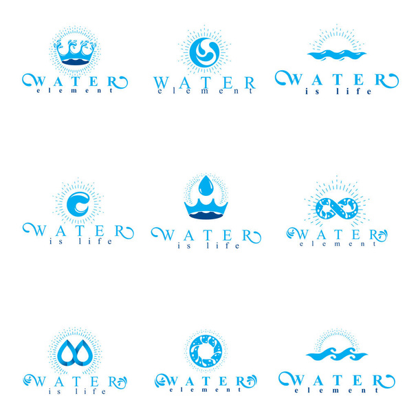Conjunto de emblemas de diseño de agua mineral fresca como gotas de agua
 - Vector, Imagen