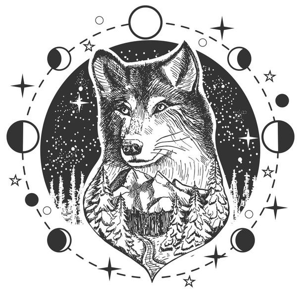 Vector wolf head tattoo or t-shirt print design - Vektor, Bild