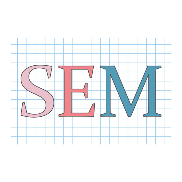 SEM (Search Engine Marketing) acrónimo de ilustración vectorial de hojas de papel a cuadros
 - Vector, Imagen